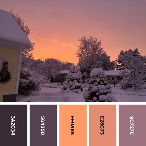 Winter Sunset Color Palette, Purple Orange Color Palette, Sunset Themed Wedding, Snow Sunset, Sunset Theme, Sunset Color Palette, Orange Color Palettes, Sunset Color, Good Color Combinations