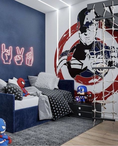 Marvel Kids Bedroom Modern, Captain America Room Ideas Boy Bedrooms, Modern Spiderman Room, Marvel Kids Bedroom, Spiderman Kids Room, Eclectic Bedroom Decor, Spiderman Room Decor, Calming Decor, Spiderman Room