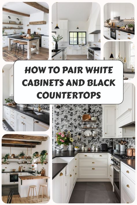 Learn which combinations of white cabinets and black countertops work best with these tips and ideas. Backsplash For White Cabinets Black Countertops, White Kitchens Black Hardware, Black Handles On White Cabinets, White Cabinets Kitchen Dark Countertops, Cream Cabinets Black Countertops, White Kitchen Dark Countertops, White Cabinets Black Counter, White Kitchen Cabinets Black Countertops, Black Counter White Cabinets