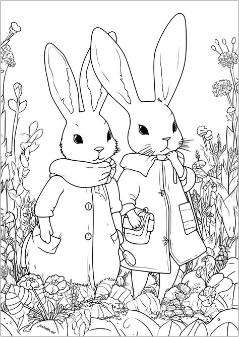 Two adventurous rabbits in a field of flowers - JustColor.net : Free adult printable coloring pages Rabbit Coloring, Free Easter Coloring Pages, Redwork Patterns, Coloring Pages Winter, Bee Coloring Pages, Witch Coloring Pages, Rabbit Colors, Coloring Page For Adults, Farm Animal Coloring Pages