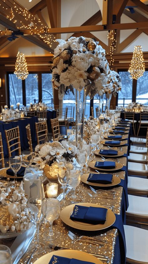 17 Winter Wedding Color Palette Ideas With 50+ Examples Navy Blue White Wedding Theme, Blue Black And Gold Wedding Theme, Marine Theme Wedding, Sparkly Wedding Centerpieces, Elegant Winter Wedding Centerpieces, Royal Blue Wedding Aesthetic, Navy Blue And Champagne Wedding Decorations Table Settings, Light Blue And Gold Table Setting, Christmas Color Wedding