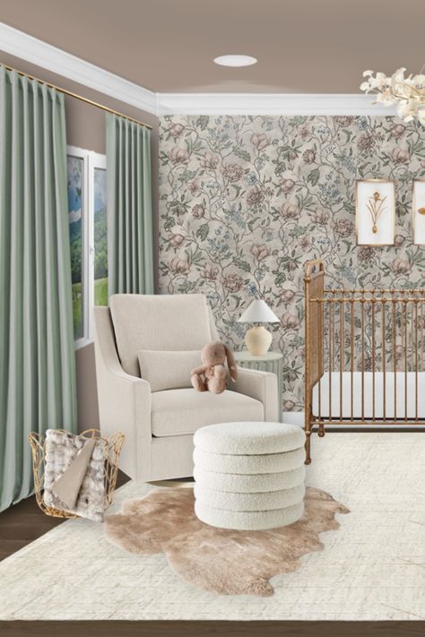 We wanted this floral nursery to have a charming and sophisticated feel. We opted for mauve in place of a bright pink for a for more timeless look. Green And Mauve Nursery, Sage And Mauve Nursery, Sage Pink Nursery, Mauve Nursery Girl, Mauve Nursery, Pink And Green Nursery, Floral Baby Nursery, Vintage Girl Nursery, Nursery Interior Design