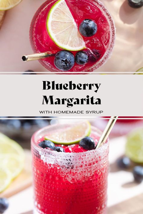 This Blueberry Margarita is made with homemade blueberry syrup and it's so easy to make! It's the perfect summer cocktail and easy to make into a mocktail. It's sure to be a hit at any summer bbq or party! You can use the leftover syrup for other drinks or lattes. via @healthfulideas Pineapple Blueberry Margarita, Blueberry Margarita, Blueberry Simple Syrup, Homemade Blueberry Syrup, Strawberry Simple Syrup, Blueberry Syrup, Slice Of Lime, Cocktail Drinks Alcoholic, Reposado Tequila