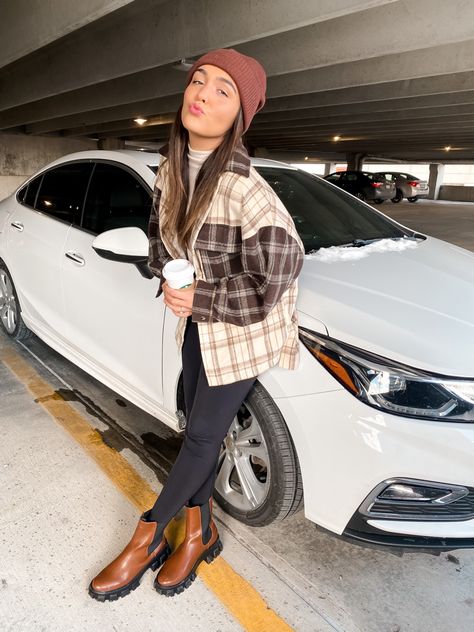 winter outfit, brown shacket, parking garage photoshoot, instagram poses, princess polly outfit, how to style Brown Beanie Outfit, Garage Parking, Target Haul, Brown Beanie, Beanie Outfit, Dream Outfits, Coffee Black, Parking Garage, Boots Outfit