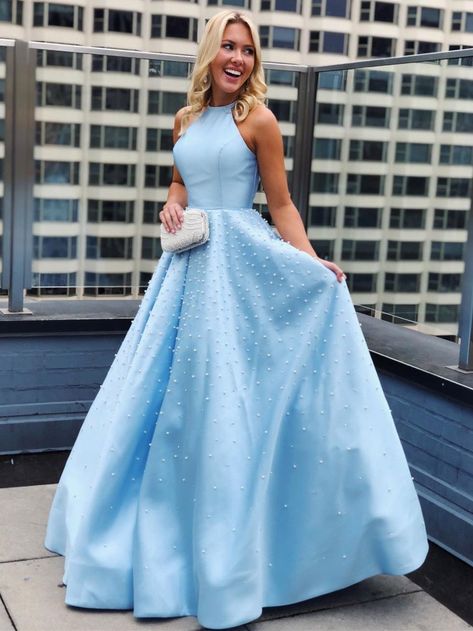 Blue Long Prom Dress, Prom Dresses Long Blue, Formal Ball Gown, Prom Dresses With Pockets, Satin Evening Dresses, Blue Dress Formal, Elegant Prom Dresses, Prom Dresses For Teens, Pearl Dress