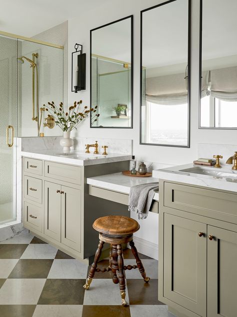 A Look At Our Spring Cover Story, BUILDING CHARACTER | Rue Old House Master Bath, Jake Arnold Bathroom, Bathroom Vanity Makeup Station, Bathroom Makeup Vanity Ideas Master Bath, Built In Makeup Vanity In Bathroom, Bathroom With Vanity Area, Bathroom Makeup Vanity Ideas, Built In Makeup Vanity, Primary Bathroom Design