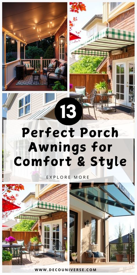 These 13 porch awning ideas add elegance and comfort, transforming your entryway into a stylish, shaded space you’ll love to spend time in. Back Porch Awning Ideas, Back Porch Awning, Porch Awning Ideas, Outdoor Porch Ideas, Awning Ideas, Porch Inspiration, Diy Awning, Porch Awning, Aluminum Awnings