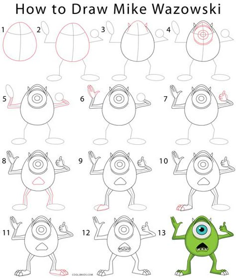 How to Draw Mike Wazowski Step by Step Drawing Tutorial with Pictures | Cool2bKids How To Draw Mike Wazowski, How To Draw Pixar Characters, Disney Doodles Step By Step, How To Draw Disney Characters Step By, Step By Step Cartoon Characters, How To Draw Characters Step By Step, Mike Wazowski Drawing, How To Draw, Disney Characters Easy