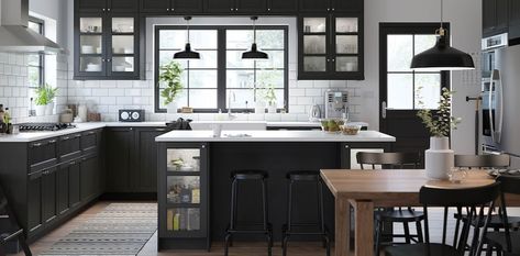 Black Kitchen Cabinets – LERHYTTAN Series - IKEA Black Ikea Kitchen, Voxtorp Ikea, Kitchen Cabinets Fronts, Ikea Kitchen Planner, Black Appliances Kitchen, Light Grey Kitchens, Ikea Shopping, Hacks Ikea, Dark Grey Kitchen