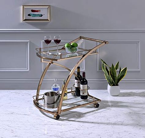 Kings Brand Furniture - Delfair Rolling Bar Kitchen Serving Cart, Metal/Glass, Gold Kings Brand Furniture Trolley Kitchen, Wine Cart, Kitchen Island Trolley, Bar Serving Cart, Metal Bar Cart, King Furniture, Kitchen Bar Table, Serving Bar, Kitchen Island Bar