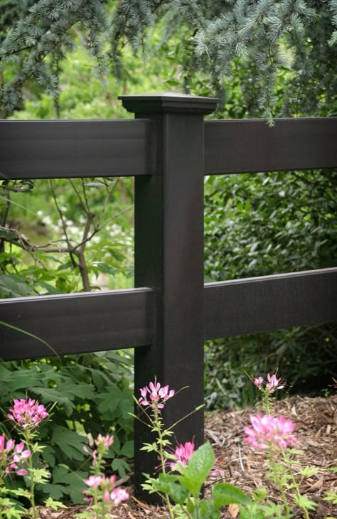 Low Fence Ideas Curb Appeal, Low Black Fence Front Yard, Stone Mailbox, Fences Ideas, Post And Rail Fence, Low Fence, Ranch Fencing, Vinyl Fence Panels, Privacy Wall