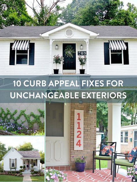 10 Quick Exterior Curb Appeal Fixes to Mask the Ugly Unchangeables » Curbly | DIY Design & Decor Easy Home Exterior Updates, Redesign Front Of House, Airbnb Curb Appeal, How To Give Your House Curb Appeal, Plain Front House Makeover, Old House Curb Appeal, Front Of Home Makeover, Curb Appeal No Porch, Curb Appeal Rental House