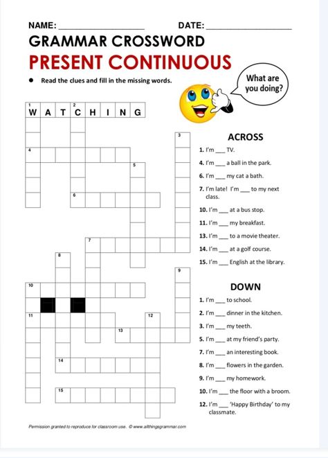 English Crosswords Worksheets, Crossword Puzzles Printable, Basic English Grammar Book, Teaching English Language Learners, Jumbled Words, Free Printable Word Searches, Teach English To Kids, Present Continuous, English Teaching Materials