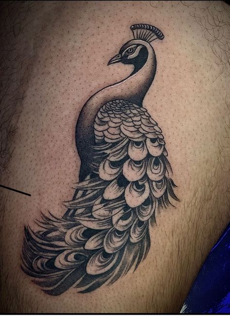 Mor Pich, Peacock Tattoo Black And White, Krishna Feather, Peacock Tattoo Designs, Hand Tattoo Cover Up, Feather Tattoo Black, Peacock Portrait, Maa Tattoo Designs, Thigh Tattoo Men