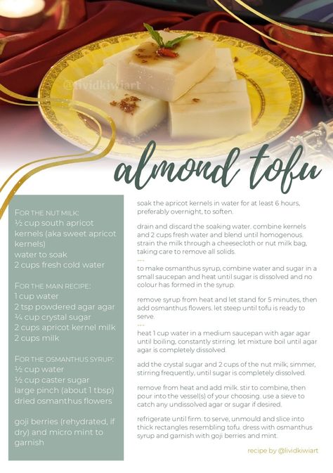 Almond Tofu Recipe, Genshin Recipes Irl, Genshin Food Recipes, Genshin Recipes, Fantasy Cooking, Genshin Impact Food, Genshin Food, Almond Tofu, Meal Prep Hacks