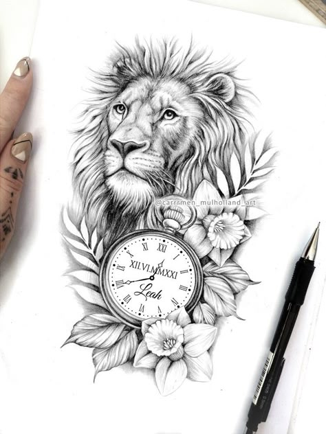 Lion face surrounded by flowers and leaves with a stopwatch. Drawn in a  realism art style for a tattoo design. Memorial Clock Tattoos For Women, Lion And Clock Tattoo Design For Women, Lion Clock Tattoo Design, Stopwatch Memorial Tattoo, Stopwatch Tattoo, Clock Lion Tattoo, Half Lion Half Flower Tattoo, Lion With Crown And Flowers Tattoo, Clock Face Tattoo