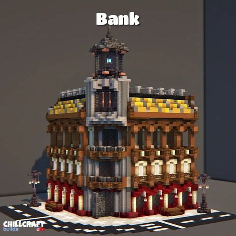 Minecraft Record Shop, Minecraft City Design, Victorian Style Minecraft House, Minecraft Victorian Builds, Minecraft Bank Ideas, Minecraft Bank Interior, Minecraft Shop Design, Victorian Minecraft Builds, Minecraft Bank Building