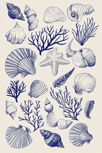 ↑↑↑ Larger size on website 🔸 The image is a collection of hand-drawn illustrations of seashells, starfish, and sea plants. The de Marine Plants Illustration, Sea Plants Drawing, Sea Animals Illustration, Sealife Drawing, Starfish Illustration, Starfish Drawing, Sea Murals, Marine Plants, Sea Plants