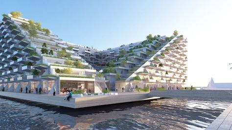 BIG and Barcode Architects unveil terraced block for IJburg waterfront Terrace Building, Green Terrace, Artificial Island, Amsterdam Photos, Win Competitions, Green Roofs, Bjarke Ingels, Mix Use Building, Urban Environment