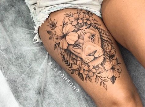 Lion Leg Tattoo, Front Thigh Tattoos, Lion Tattoo On Thigh, Tattoo On Thigh, Girl Thigh Tattoos, Flower Thigh Tattoos, Lioness Tattoo, Girl Back Tattoos, Self Love Tattoo