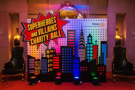 Villian Party Ideas, Corporate Party Theme, Superhero Themed Party, Superhero Backdrop, Superhero Vbs, Auction Themes, Villains Party, Comic Party, Superhero Decorations