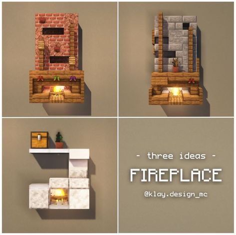 𝗞𝗟𝗔𝗬 | Minecraft Design on Instagram: "There's some fireplace ideas! I'm in love with the second one! Which one do you like the most? (Lemme know) ☺ Also, this post is dedicated to s special person who yesterday turned 18! • Repost with credits only! • Follow @klay.design_mc for more! • Pinterest profile: https://pin.it/43DqTID • Shaders: Complementary_v4.3.3 #minecraftpe #minecraft #minecraftideas #minecraftdesign #videogames #fortnite #klaydesignmc #design #interiors #interiordesign #video Fireplace Minecraft Design, Minecraft Second Floor Ideas, Minecraft House Fireplace, Minecraft Lodge Interior, Minecraft Map Room Design, Fireplace Design Minecraft, Minecraft Small Fireplace Ideas, Minecraft Interior Ideas Storage, Minecraft Interior Fireplace