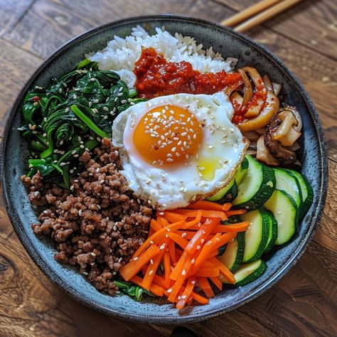 🍚 Discover the colorful and nutritious Bibimbap! A Korean classic full of flavor! 🍳 #Bibimbap #KoreanCuisine Bibimbap Ingredients: Cooked rice (2 cups) Ground beef (200g, cooked) Spinach (1 bunch, blanched) Carrots (1, julienned) Zucchini (1, julienned) Mushrooms (100g, sliced) Bean sprouts (100g, blanched) Gochujang sauce (2 tbsp) Sesame oil (1 tbsp) Sesame seeds (1 tbsp) Egg (1, fried) Soy sauce (1 tbsp) Instructions: Arrange cooked rice in bowls. Place ground beef, spinach, carrots, zu... Korean Bipinbop, Bimbimbop Bowl, Blanched Carrots, Ground Beef Spinach, Beef Bibimbap, Bibimbap Sauce, Bean Sprout Recipes, Cooked Spinach, Bibimbap Recipe