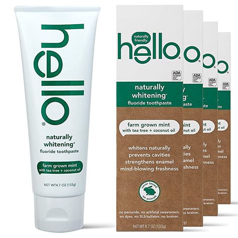 Amazon.com : hello Naturally Whitening Toothpaste with Fluoride -Farm Grown with Tea Tree Oil & Coconut Oil (Vegan & SLS Free), Mint, 4 Pack, Farm Grown Mint with Tea Tree Oil & Coconut Oil, 18.8 Oz : Beauty Hello Toothpaste, Best Natural Toothpaste, Toothpaste Brands, Ingredient Labels, Natural Toothpaste, How To Prevent Cavities, Natural Teeth Whitening, Whitening Toothpaste, Oil Coconut