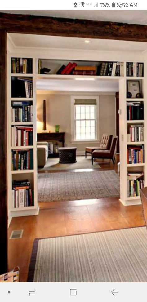 Doorway Cabinet Ideas, Built In Shelf Room Divider, Shelving Over Doorway, Living Room Doorway Ideas, Archway With Shelves, Shelving Around Door, Shelves Above Doorway, Bookcase Surrounding Door, Living Room Multiple Doorways