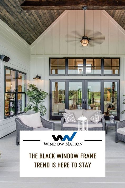 Gridless Windows Exterior, Big Windows Black Frame, Black Frame Windows Exterior, Types Of Windows Style Farmhouse, White Windows Black Trim, Diy Black Window Frames, Homes With Black Windows Exterior, Black Windows No Grids, Painting Metal Window Frames Black