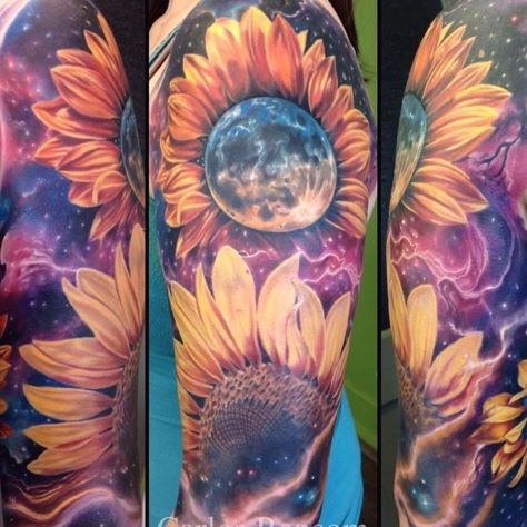 Cosmic Tattoos, Watercolor Sunflower Tattoo, Galaxy Tattoo Sleeve, Cosmic Tattoo, Sunflower Tattoo Sleeve, Galaxy Tattoo, Sunflower Tattoos, Tatuaje A Color, Diy Tattoo