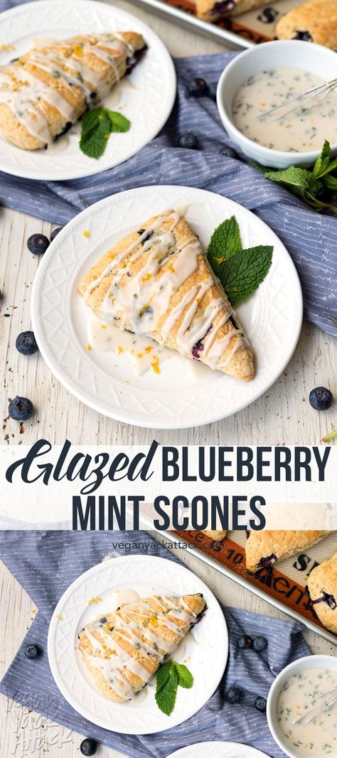 These Glazed Blueberry Mint Scones are the perfect Spring breakfast, paired with tea or a strong cup of coffee! Surprisingly easy-to-make, too. Vegan, Soy-free, Dairy-free Mint Scones, Savoury Scones, Vegan Brunch Recipes, Spring Breakfast, Vegan Breads, Biscuits Recipes, Scone Recipes, Blueberry Mint, Berry Recipes