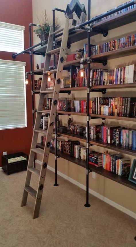 Barndominium Library, Homemade Library, Metal Pipe Shelves, Homemade Pipe, Homemade Shelves, Pipe Bookshelf, Regal Industrial, Diy Pipe Shelves, Floor To Ceiling Bookshelves