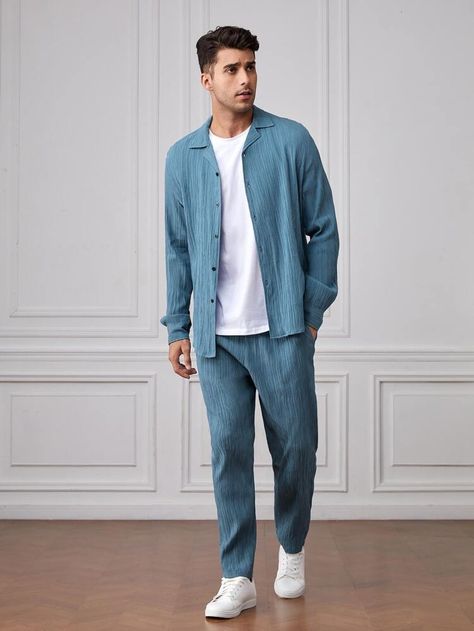 Co Ord Set Outfit, Teal Outfits, Shein Men, Shirt Pant Set, Co Ords, Co Ord Set, Set Outfit, Button Front Shirt, Shirt And Pants