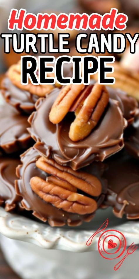 Easy Homemade Turtle Candy—a delightful treat that's perfect for satisfying your sweet cravings or gifting to loved ones. These homemade turtles are a classic confectionery favorite, featuring buttery caramel and toasted pecans, all topped with a drizzle of smooth chocolate for a truly decadent experience. Homemade Turtle Candy, Pecan Turtles Recipe, Candied Nuts Recipe, Homemade Turtles, Turtle Candy, Turtle Recipe, Turtles Candy, Chocolate Turtles, Decadent Chocolate Cake