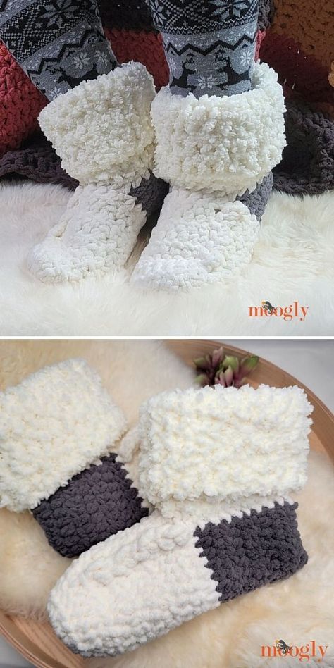 Cute And Comfy Crochet Home Slippers. These chunky, warm slippers in the pictures below were made by Tamara Kelly and they look absolutely fantastic, don't you think? They are plush and feel luxurious on your feet, making it a great gift set with a matching headband. Get cozy this winter and play with the colors! #freecrochetpattern #slippers #socks Crochet Slippers With Blanket Yarn, Chunky Slippers, Crocheted Slippers Free Pattern, Chunky Crochet Ideas, Crochet Slippers Bulky Yarn Free Pattern, Free Crochet Patterns For Women, Crochet Slippers Chunky, Fuzzy Sock Crochet Pattern Free, Crochet Slipper Socks