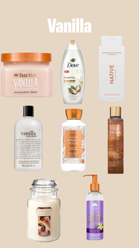 The best vanilla scented shower products! Body wash, lotion, shaving cream, perfume, candles. Vanilla girl shower routine Good Body Wash For Women, Vanilla Scented Shower Routine, Vanilla Shower Products, Scented Shower Routine, Girl Shower Routine, Clean Girl Essentials, Vanilla Products, Candles Vanilla, Scented Body Wash