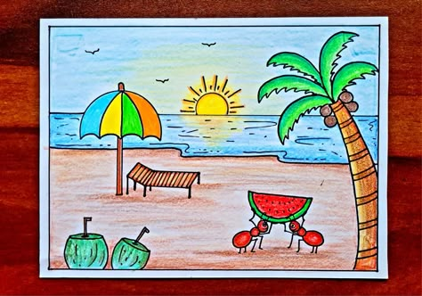 Video Tutorial uploaded on Amrita Drawing Book Channel. Subscribe for more creative Drawings and School Projects. #Summer #season #summerseason #drawing #easydrawing #drawingforkids #Tutorial #Youtube #howtodraw #simple #easy #Typeofseasons Drawing On Summer Season, Drawing Of Summer Season, Summer Season Drawing Ideas, Sea Related Drawings, Easy Drawings For Beginners Videos, Summer Holidays Drawing, Summer Drawings Easy For Kids, Summer Season Crafts For Kids, Waxing Drawing