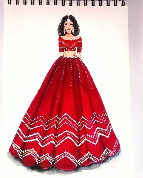 Lehenga Illustration Sketch Easy, Lehnga Sketching, Red Dress Sketch, Dress Illustration Design, Fashion Illustration Poses, Fashion Illustration Tutorial, Fashion Illustration Collage, Fashion Design Books, Fashion Illustrations Techniques