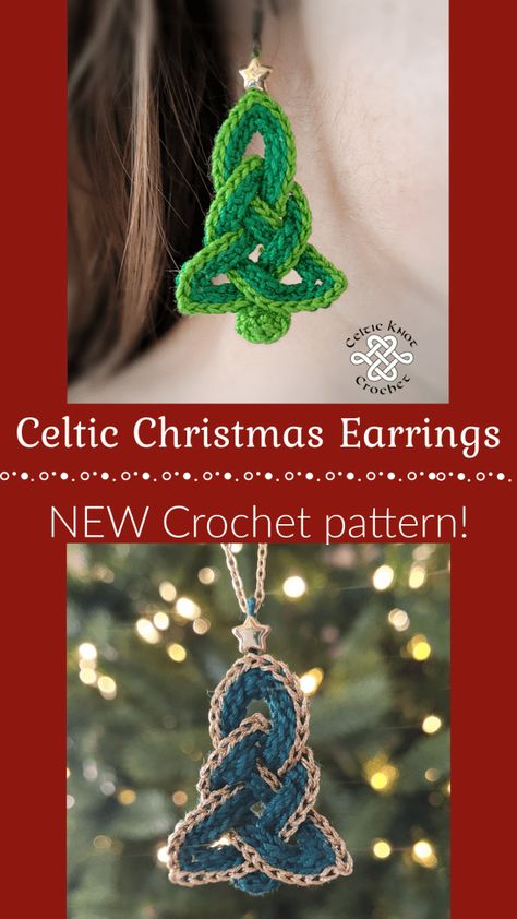 Celtic Christmas Crochet Earrings - Pattern by Celtic Knot Crochet Crochet Christmas Tree Earrings Free Pattern, Crochet Patterns Ornaments, Crochet Gifts People Actually Want, Christmas Crochet Earrings Pattern, Crochet Christmas Earrings Pattern, Crochet Christmas Tree Earrings, Crochet Jewellery Free Pattern, Crochet Christmas Accessories, Holiday Crochet Ideas