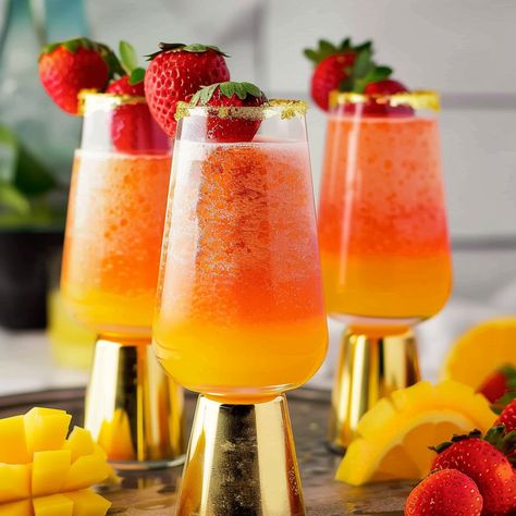 How to Make Pineapple Strawberry Mimosas Hawaiian Mimosa Recipe, Pineapple Coconut Mimosa, Strawberry Mimosa Recipe Champagne, Strawberry Mimosas, Lemon Raspberry Cookies, Pineapple Mimosa, Sparkling Rose Mimosa, Orange Juice And Champagne Mimosas, Mimosa Ingredients