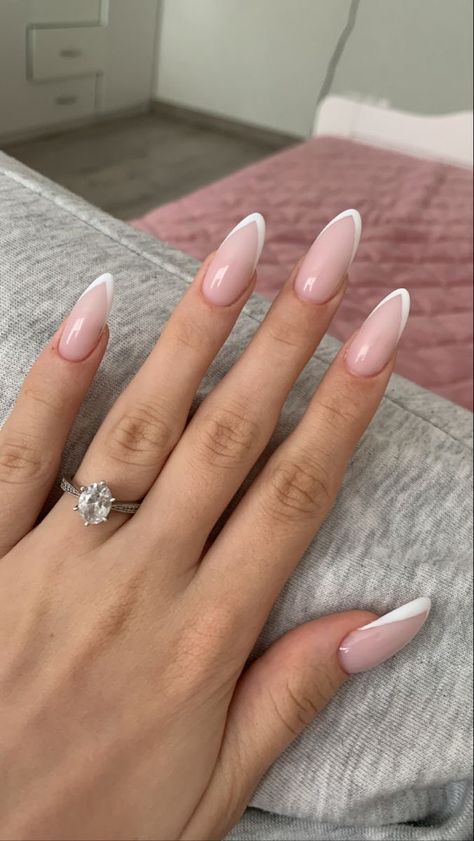 Pink nails, French manicure Pink White Nails Acrylic French Tips, French Alternative Nails, Almond Deep French Nails, White Tip Nails Almond, French Tip Nail Art, White Gel Nails, Acrylic Nails Nude, White Tip Nails, Pretty Toe Nails