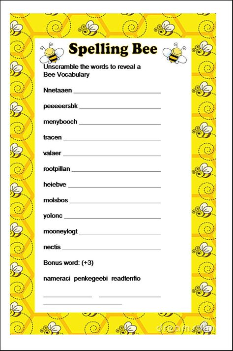 Another game I created for a Bumble Bee party, the Spelling Bee word scramble Bumble Bee Party Decorations, Spelling Bee Ideas, Hard Spelling Bee Words, Bee Worksheet, Spelling Bee Games, Bee Certificate, 5th Grade Spelling, Spelling Bee Words, 2024 Classroom