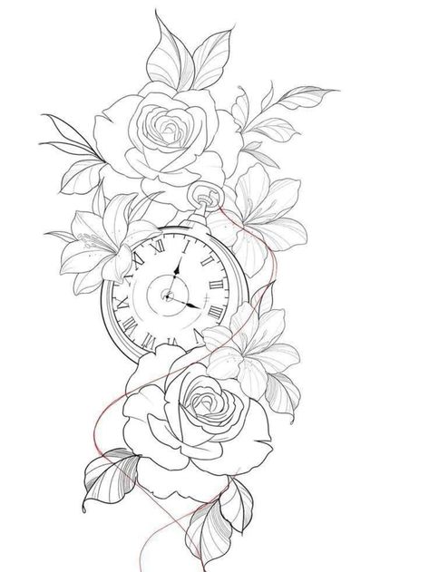 Flash Tattoo Stencil, Clock And Rose Tattoo, Tattoo Pieces, Tattoo Mom, Dream Catcher Tattoo Design, Evil Tattoos, Clock Tattoo Design, Tattoos For Women Flowers, Black Girls With Tattoos