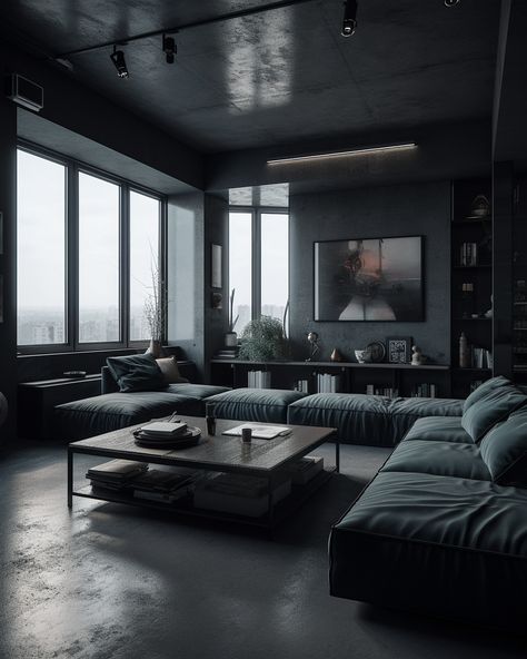 Dark Grey Apartment Aesthetic, Interior Design Apartment Minimalist, Dark Grey Apartment, Black Contemporary House, Dark Modern Interior, Dark House Interior, Gray Interior Design, Contemporary House Interior, Home Interior Design Kitchen