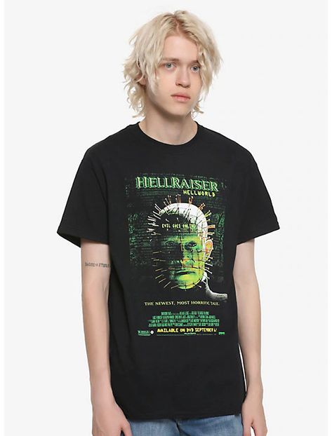 Hellraiser: Hellworld Poster T-Shirt, MULTI Hellraiser Hellworld, Horror Screen Print Short Sleeve Top, Horror Graphic Print Short Sleeve Shirt, Ghost Band Shirt Hot Topic, Merch Clothing, Horror Merch, Affordable Black Horror T-shirt, Merch Collection, Black Cotton Horror T-shirt