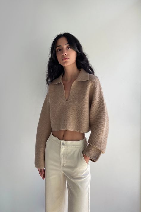 Beige Collared Sweater Outfit, Oak And Fort Outfits, Collared Sweater Outfit, Workwear Outfits, Oak Fort, Menswear Accessories, Collared Sweater, Oak And Fort, Closet Goals