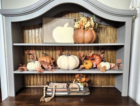 SIMPLE FALL HUTCH STYLING ‣ Decorate with Tip and More Hutch Styling, Hutch Decor, Open Bookshelves, Entryway Console Table, Entryway Console, Fall Kitchen, Kitchen Nook, My Themes, Tree Crafts