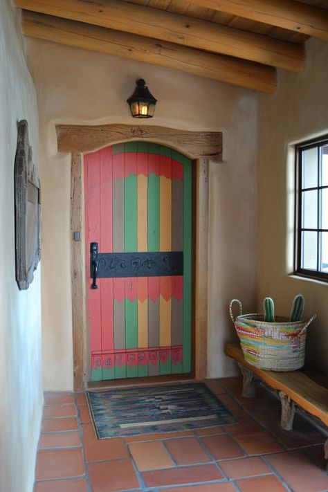 Colorful wooden door with a cactus basket and bench in a rustic entryway. Entryway Door Interior, Front Door Interior Entryway, Painted Doors Interior Creative, Entryway Color Ideas, Colorful Entryway, Front Door Color Ideas, Interior Entryway, Door Color Ideas, Entryway Colors