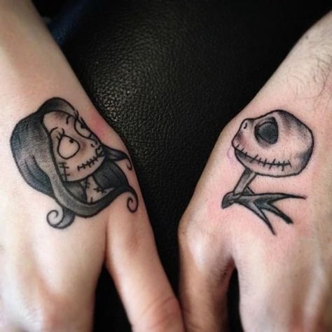 Half Sleeve Forearm, Nightmare Before Christmas Tattoos, Disney Couple Tattoos, Couple Tats, Jack N Sally, Tattoo Nightmares, Christmas Tattoos, Nightmare Before Christmas Tattoo, Matching Best Friend Tattoos